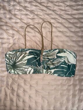 aerie Green Foliage Pattern Bandeau Top with Sparkly Gold Trim